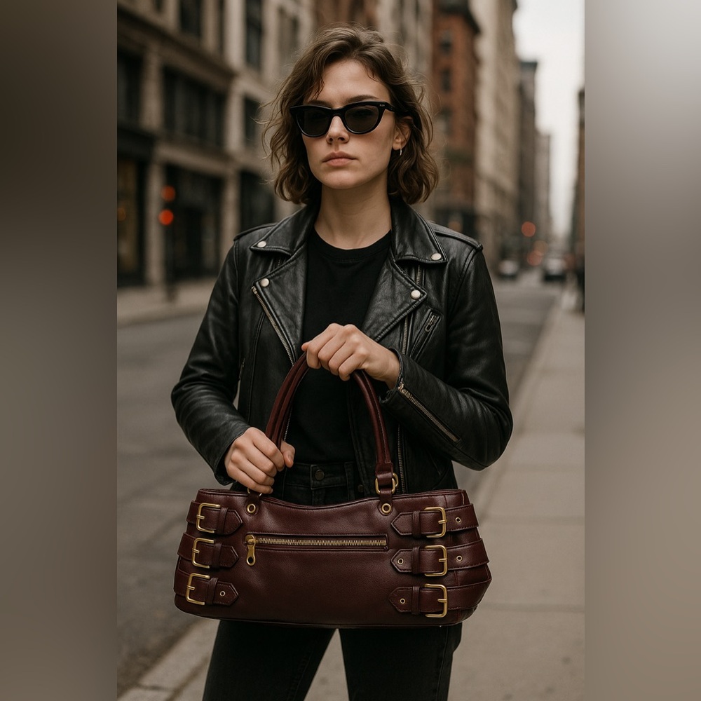 Jennifer Scott Edgy maroon bag with gold hardware.